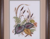 Botanical Cross Stitch Framed Picture - Autumn Bulrush and Coleus in Neutral Colors