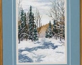 Snowy Landscape Embroidery - Blue Water Stream on Winters Day Framed Work