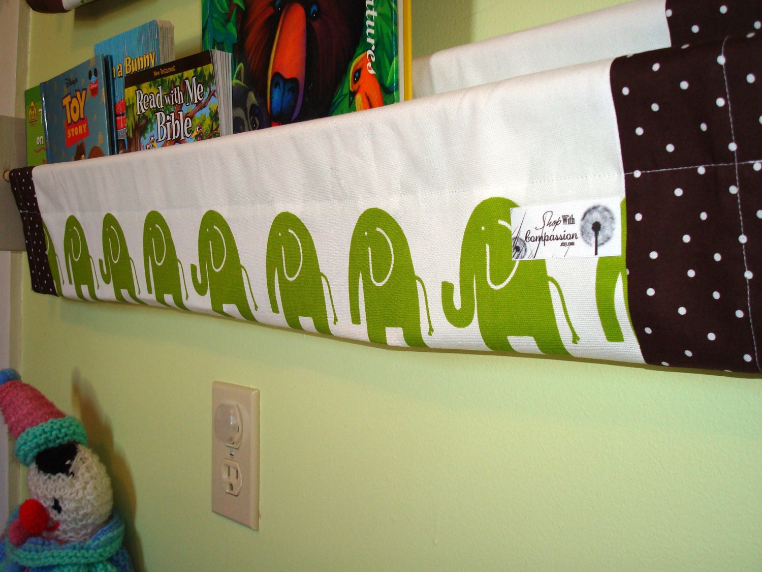 book sling -  white green elephant jungle- book storage shelf gender neutral nursery decor
