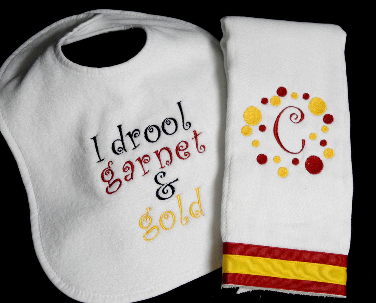 Personalized Garnet and Gold Bib and Burp Cloth Set