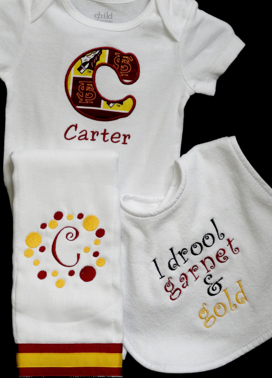 FSU Garnet and Gold Bib, Burp Cloth and Onesie