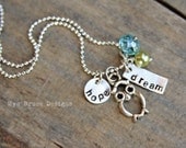 Owl Hope and Dream necklace with blue crystal and green pearl drops
