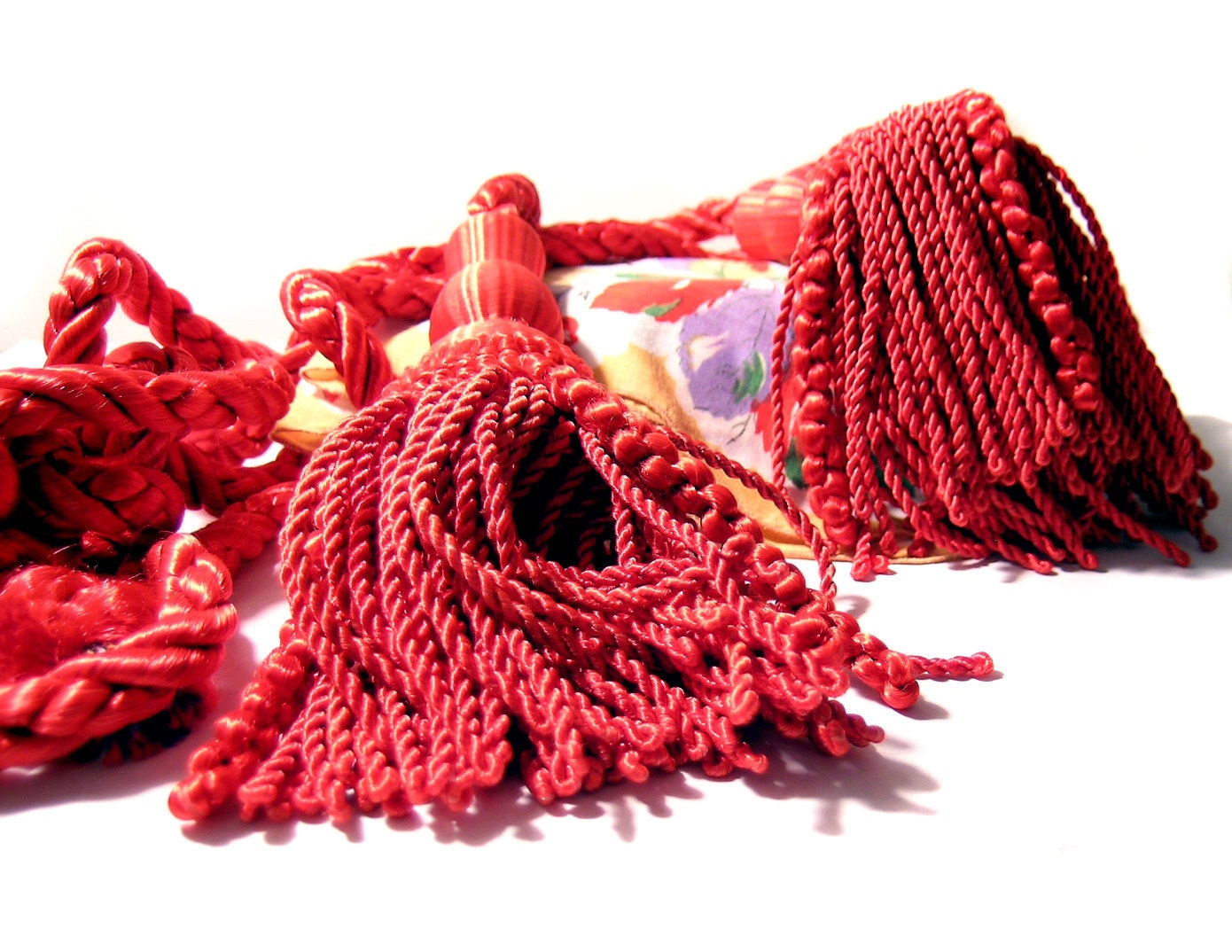 Vintage Red Curtain Tieback set 70s silky with Red Tassles