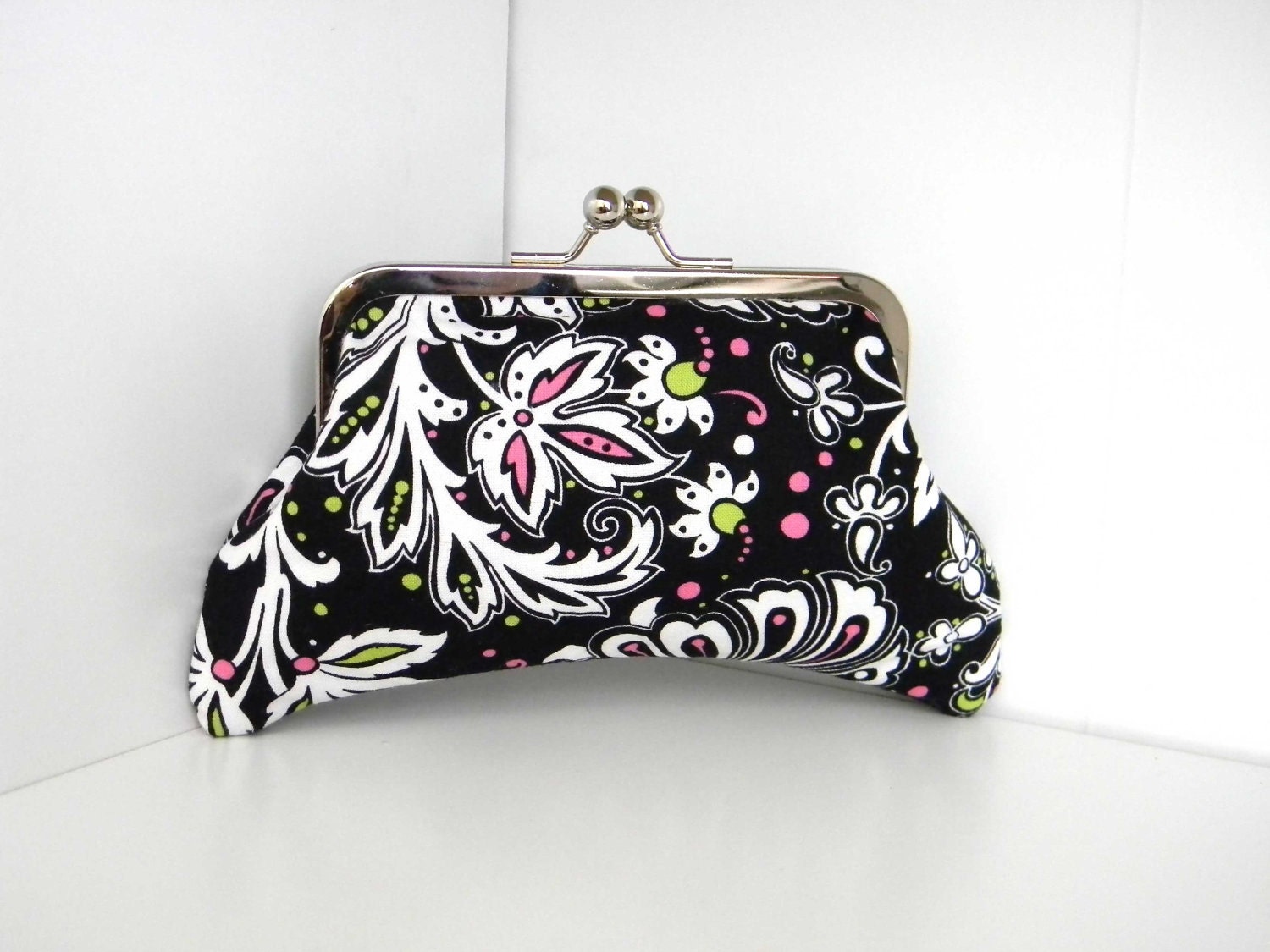 Clutch Purse Kiss Lock Framed Floral Flourish Flowers Black White