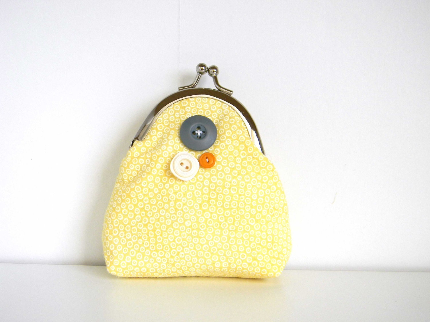 Coin Purse Kiss Lock Framed Yellow Polka Dots Buttons