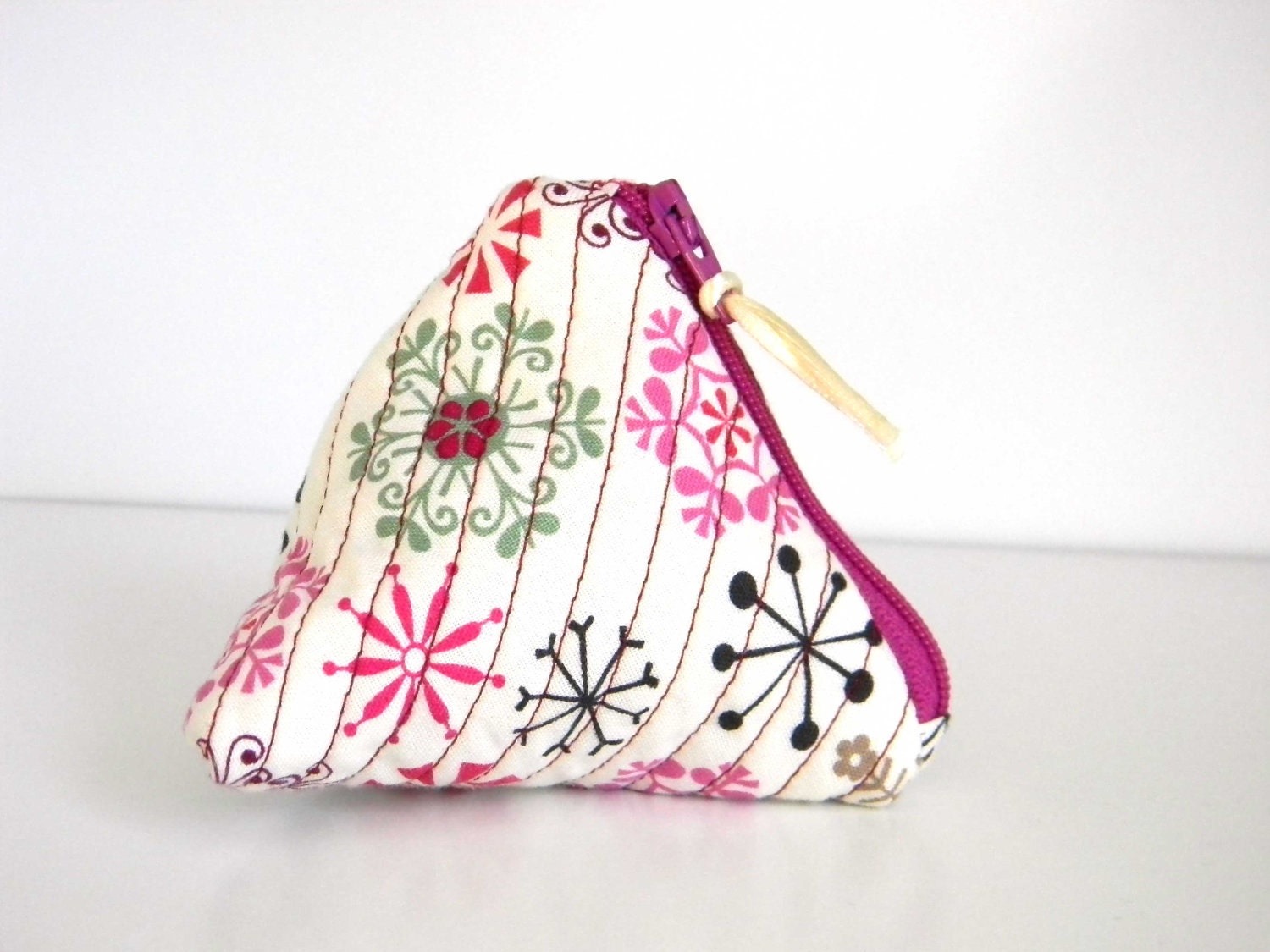 Triangle Coin Purse Change Fabric Quilted Winter Snow Flake Christmas