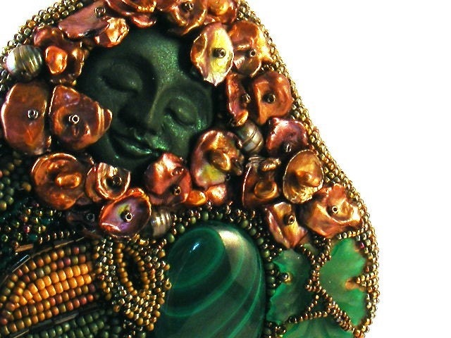 Beaded Embroidery Necklace Green Man Dreams - DownstreamDiva