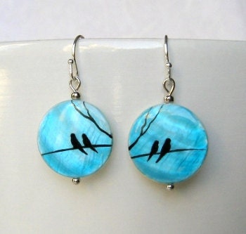 Birds Earrings handpainted, something blue, turquoise jewelry, light blue tiny earrings, everyday jewelry, rustic wedding