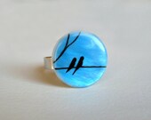 Birds adjustable ring, artisan jewelry, handpainted jewelry, light blue, painted by hand jewelry