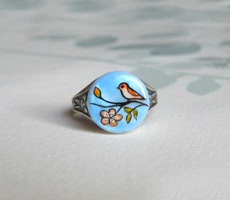 Little Bird and Flower handpainted adjustable ring, silver jewelry, italian jewelry, cocktail ring