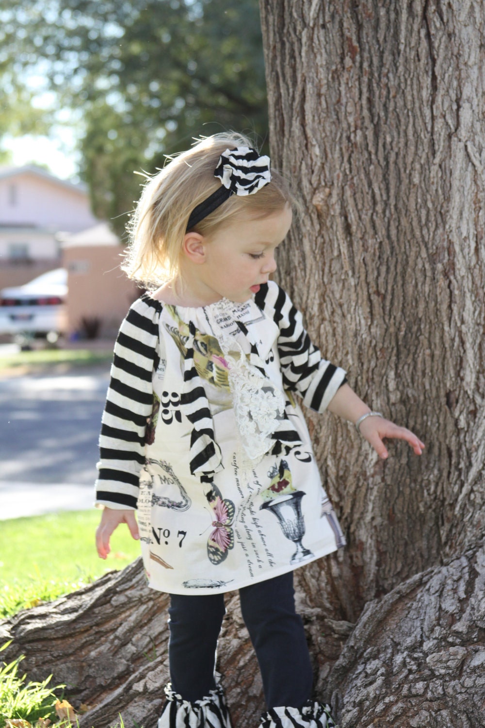 Fifi Peasant Top in Black and Cream - Upcycled - 6m 12m 2T 3T 4T 5T 6 7