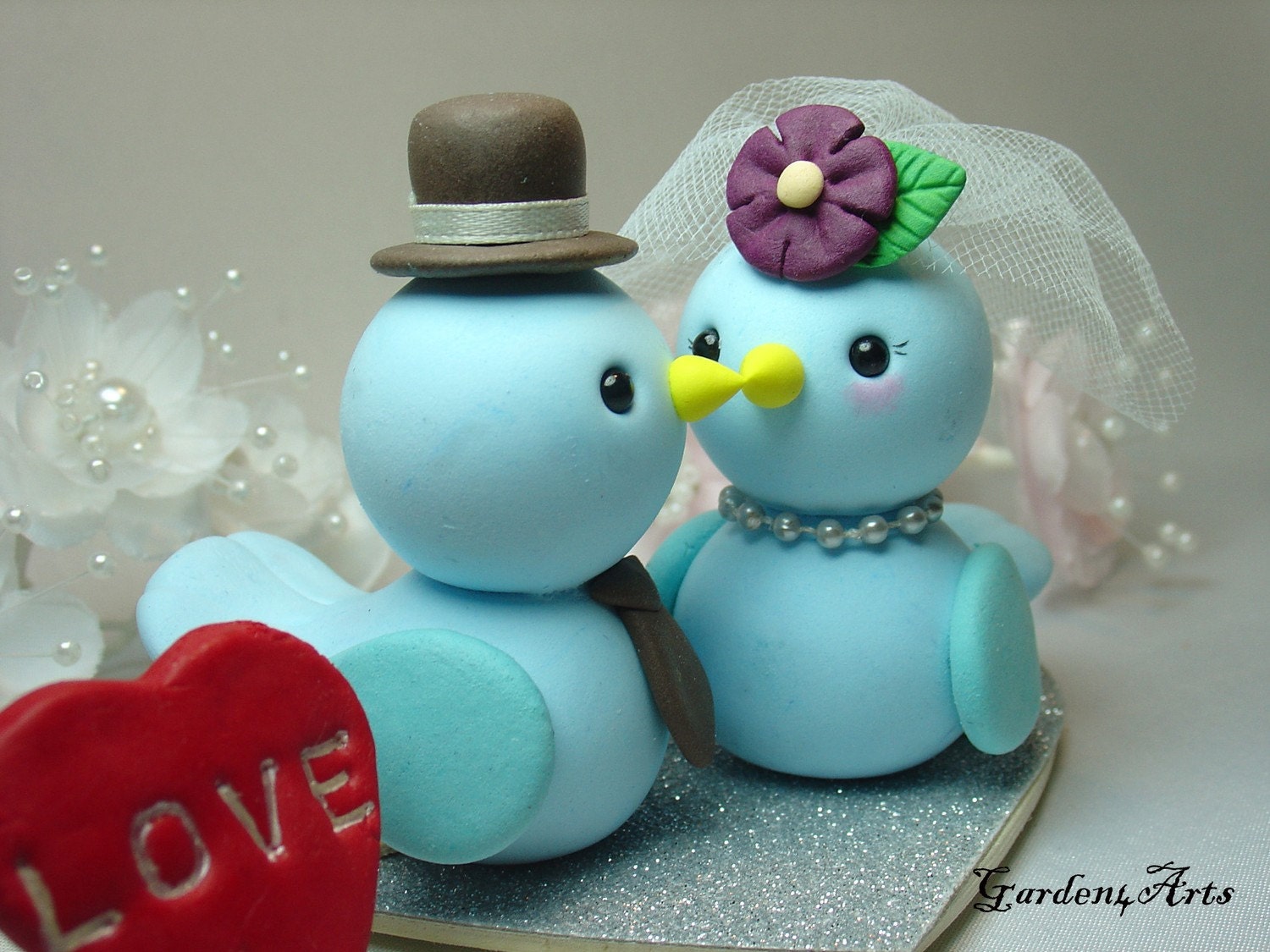 Custom Blue Birds Love Wedding Cake Topper with Heart Base - SPECIAL  FOR 2013