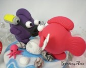 Custom Fish Couple Wedding Cake Topper with Ocean Base -- custom order for summer ocean/beach wedding--NEW
