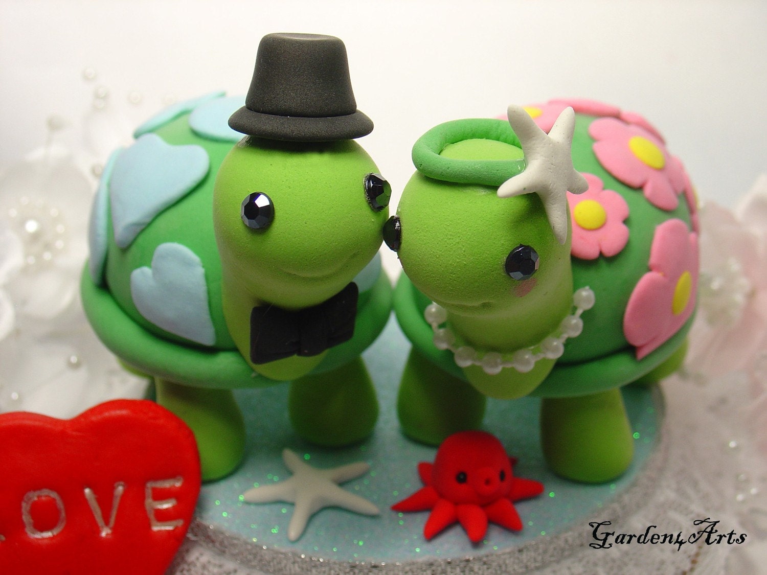 Happy Turtle Love Wedding Cake Topper with Special Patterns Design