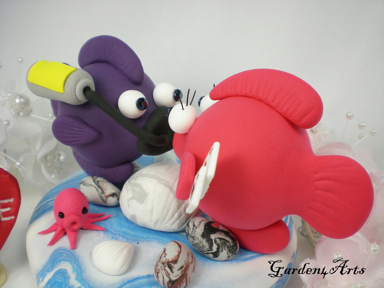Custom Fish Couple Wedding Cake Topper with Ocean Base -- custom order for summer ocean/beach wedding--NEW