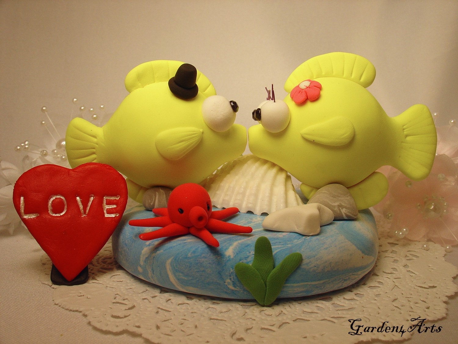 Custom Yellow Tang Fish Love Wedding Cake Topper with Ocean Base - for Summer Ocean Theme Wedding