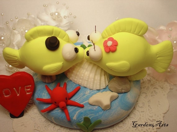 Custom Yellow Tang Fish Love Wedding Cake Topper with Ocean Base - for Summer Ocean Theme Wedding