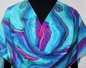 Silk Scarf Hand Painted Caribbean Garden. Scarf in Turquoise and Purple. Size LARGE 14x70. Silk Scarves Colorado. 100% silk. MADE to ORDER.