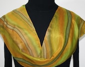 Hand Painted Silk Scarf Olive Valley. Silk Scarf in Olive, Terracotta and Chartreuse. Size 8x52. Made in Colorado. 100% silk. Made to order.