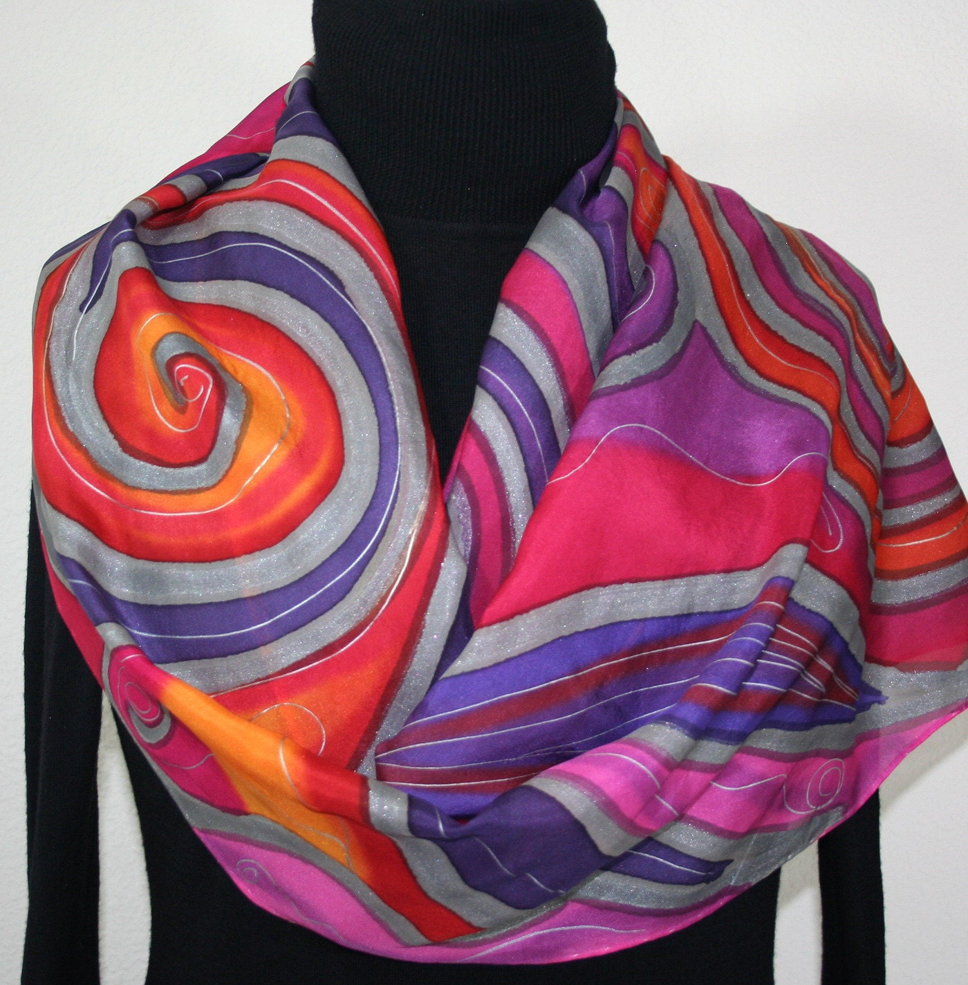 Hand Painted Silk Scarf Magic Art. Scarf in Pink, Purple, Red, Orange. Size LARGE 14x70.  Made in Colorado. 100% silk. MADE to ORDER.