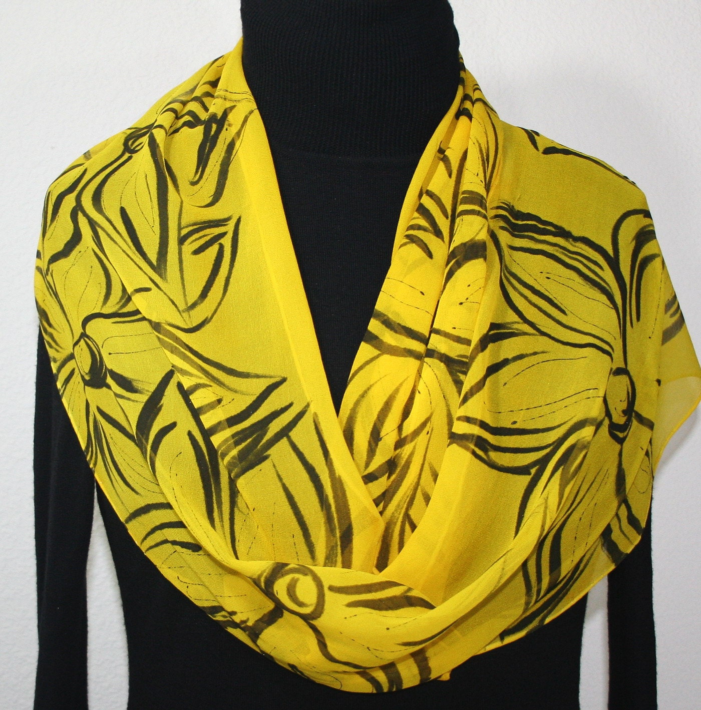 Hand Painted Silk Scarf Canary Island. Silk Scarf in Yellow and Black. Extra-LONG 11x90. Made in Colorado. 100% silk. MADE to ORDER.