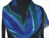 Hand Painted Silk Scarf Night Mountain. Silk Scarf in Blue and Green. EXTRA LONG 10x85. Made in Colorado. 100% chiffon silk. made to order.