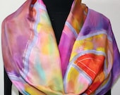 Hand Painted Silk Scarf Summer Melody. Silk Scarf in Lavender, Coral, Yellow. Size 14x70. Made in Colorado. 100% silk. Made to order.
