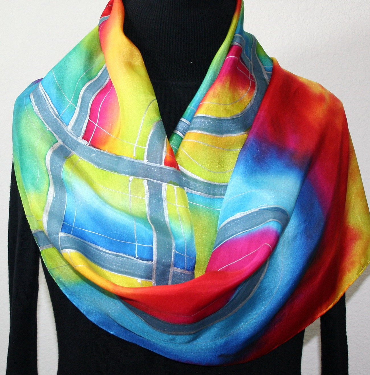 Hand Painted Silk Scarf Love Dreams. Silk Scarf in Blue, Red and Yellow. Size 14x70. Made in Colorado. 100% silk. MADE TO ORDER.
