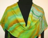 Green Hand Painted Silk Scarf Colorado Summer. Silk Scarf in Green and Golden Terracotta. Size 14x70. 100% silk. MADE TO ORDER