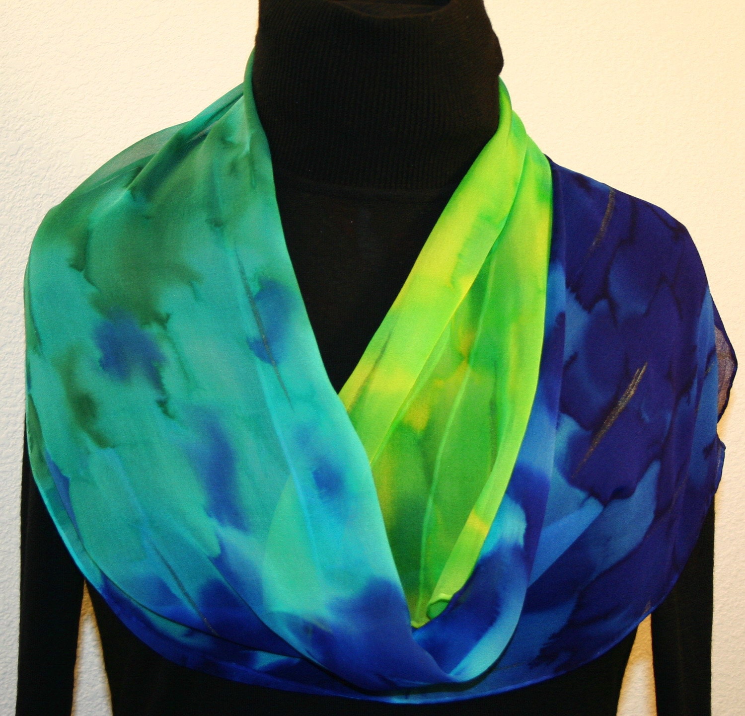 Hand Painted Silk Scarf Ocean Sky. Silk Scarf in Blue, Teal, Green, Yellow. Size 14x70. Made in Colorado. 100% silk chiffon. MADE TO ORDER.