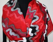 Red Hand Painted Silk Scarf Scarlet Wind. Silk Scarf in Red, Black, Pewter. Size 14x70. Made in Colorado. 100% silk. MADE TO ORDER.