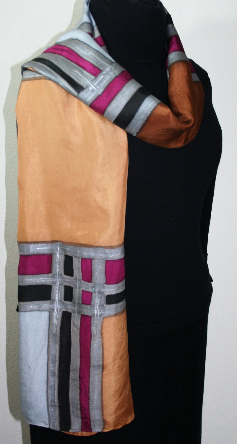 Hand Painted Silk Shawl. Brown & Gray Silk Wrap. Silver Elegance Silk Scarf. Silk Scarves Colorado. Extra-LARGE 21x70 in.MADE to ORDER scarf