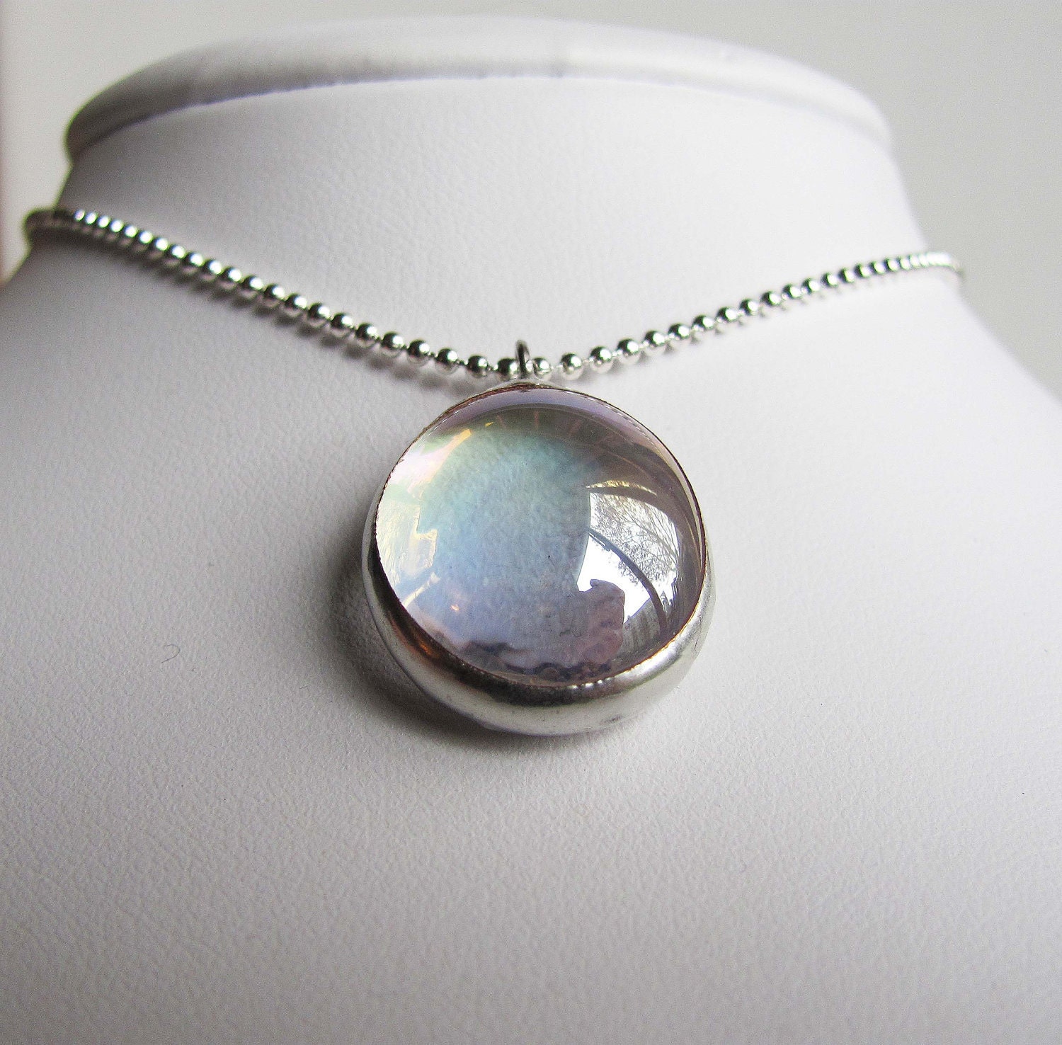 April Birthday, Stained Glass Pendant, Handmade Jewelry, Aries, Diamond, Clear Crystal, Silver, Birthstone Charm Necklace