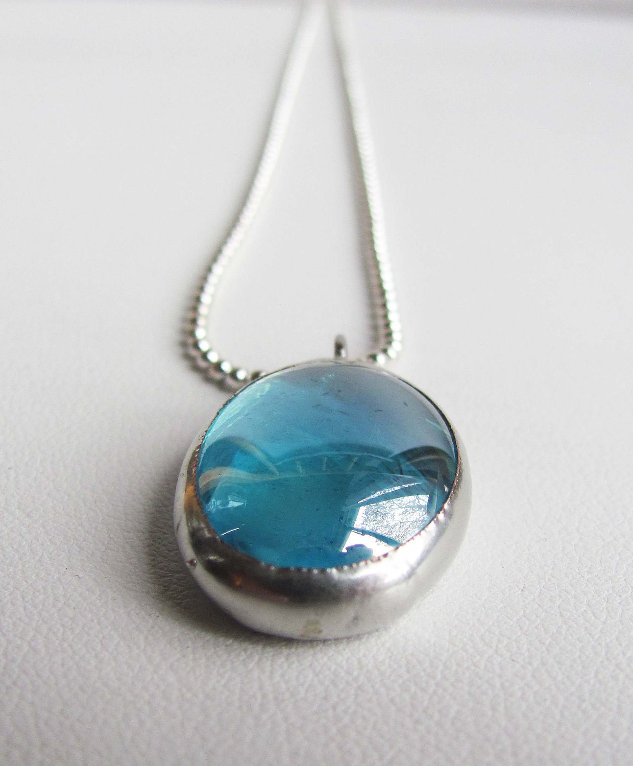 Birthstone Charm Necklace, March Birthday, Stained Glass Pendant, Handmade Jewelry, Pisces, Aries, Aquamarine, Light Blue, Silver