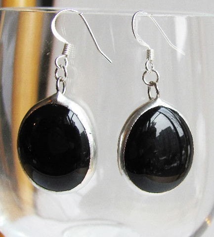 on sale Stained Glass Earrings, Opaque Black, Jet Black, Midnight, Drop Earrings, Oval Shaped Dangles, Sterling Silver, Handmade Jewelry