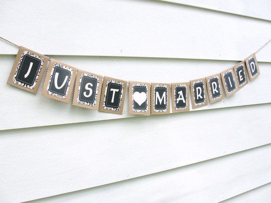 Wedding Garland JUST MARRIED Wedding Banner, High Constrast Black & Ivory damask Print, Custom Colors Available