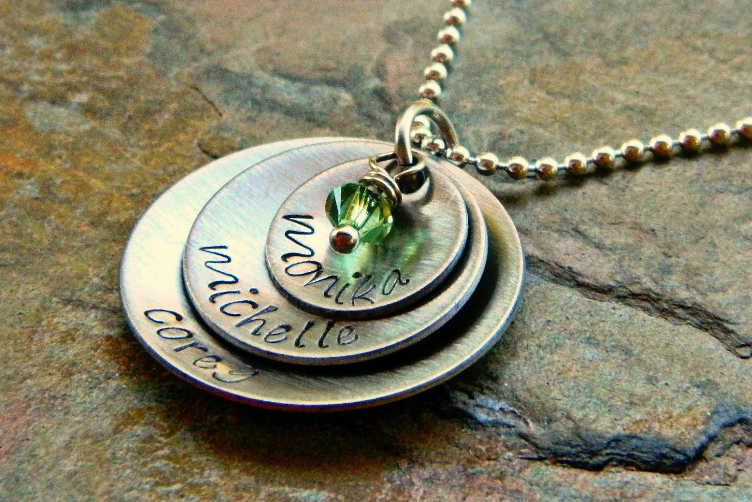 Handstamped Name Necklace - Triple Layers and Domed with Birthstone - The Emma Design