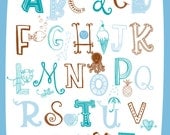 Illustrated Alphabet Wall Art Print- blue and brown