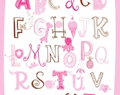Illustrated Alphabet Wall Art Print- Pink Brown