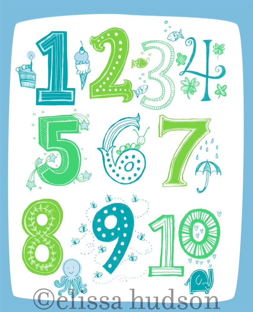 Illustrated Numbers Wall Art Print Count to 10 Blue Green