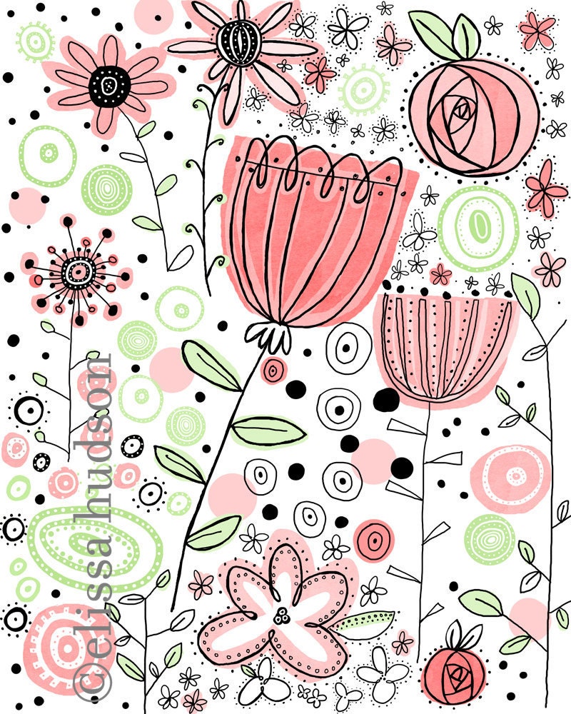 Pink Flowers Illustrated Wall Art Print