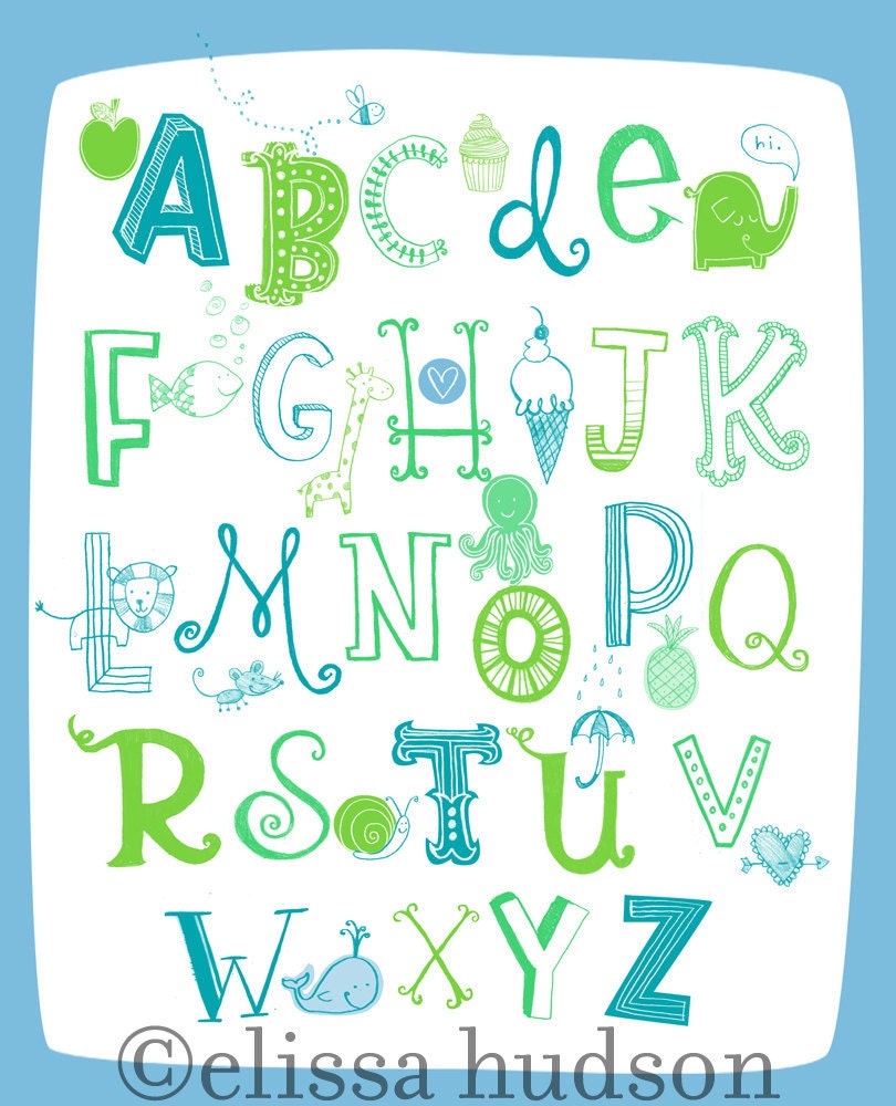 Illustrated Alphabet Wall Art Print- Blue