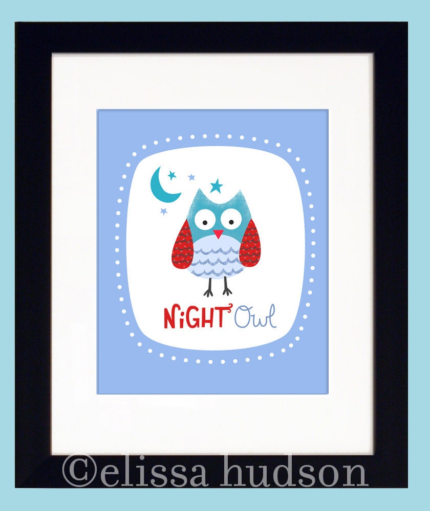 Night Owl Nursery Print- Blue