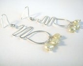 Creamy White and Sterling Silver Earrings, Freshwater Pearls, Modern, Geometric Wirework