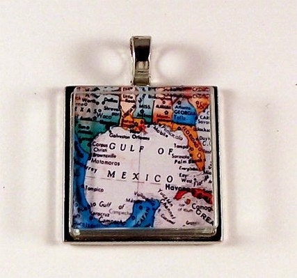 Gulf of Mexico Crystal Glass Tile Pendant in Bezel Setting-Support the Gulf Cleanup