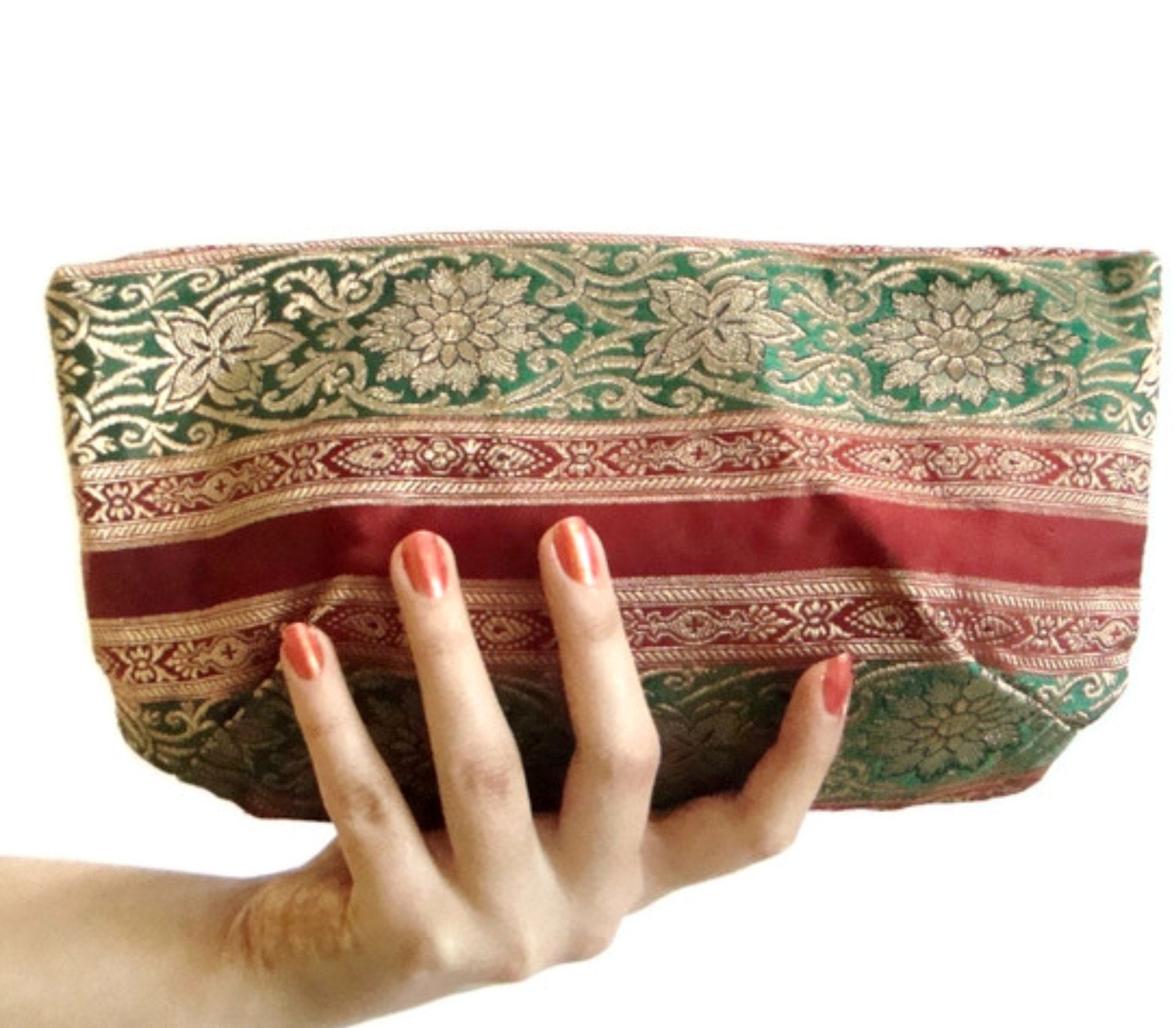 Brocade Clutch Purse Indian Silk Red Green & Gold