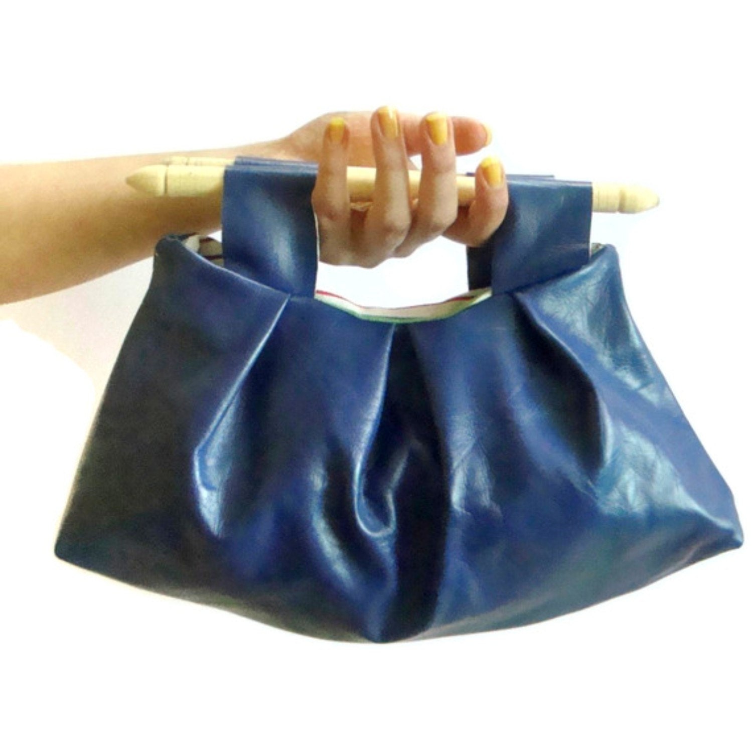 Leather Clutch Purse Pleated Neon Blue with Wood Handles