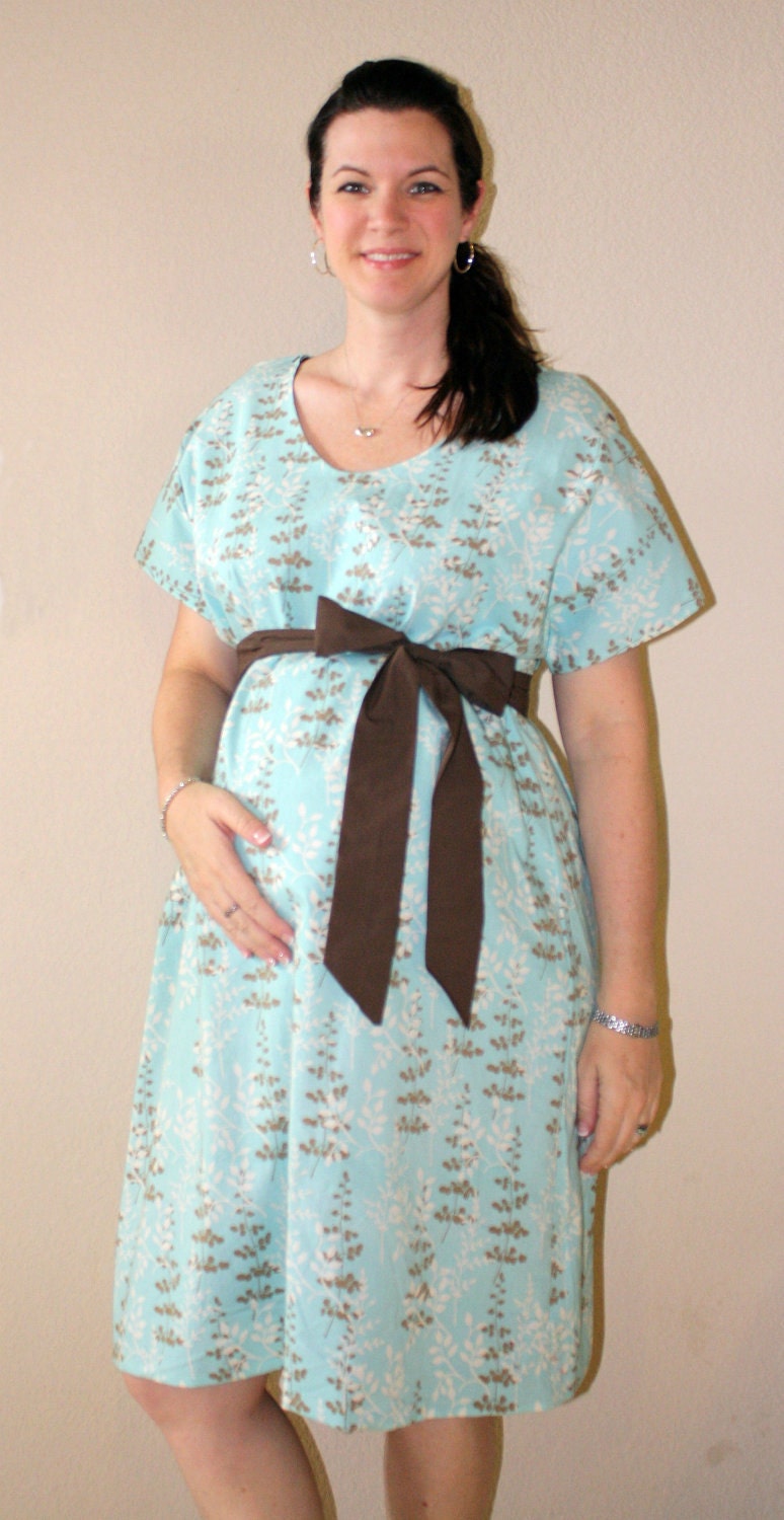 Juniper Maternity Hospital Gown in Aqua, Brown and Cream by Mommy Moxie on Etsy