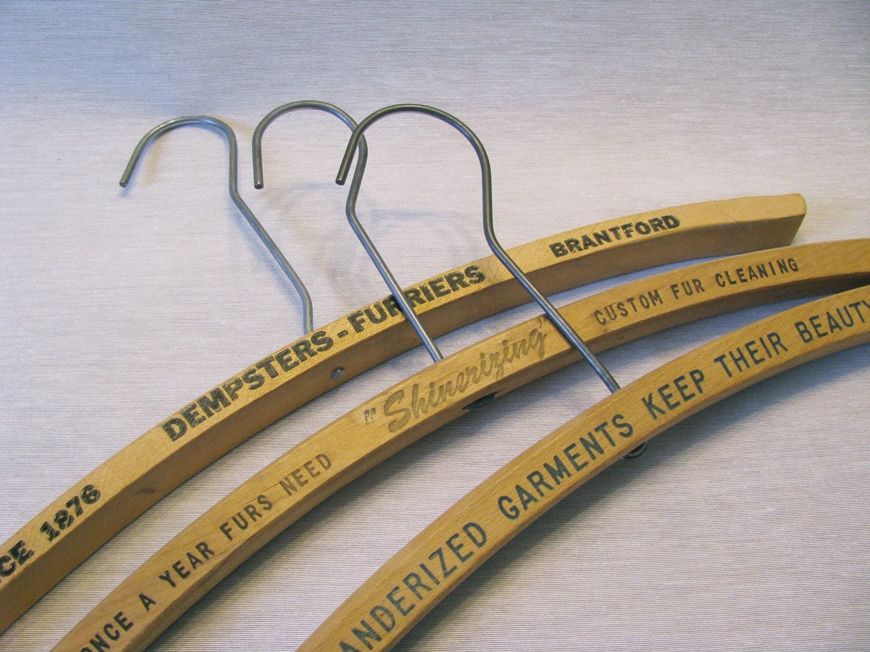 Vintage Wooden Hangers Lot Lettering Advertising Cleaners Metal Hoop Collectible