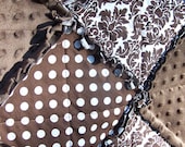 King Size Damask Rag Quilt Brown Minky with Polka Dots, Handmade in NJ